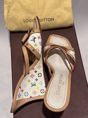Louis Vuitton Multicolor Monogram White Canvas & Tan Leather Heels